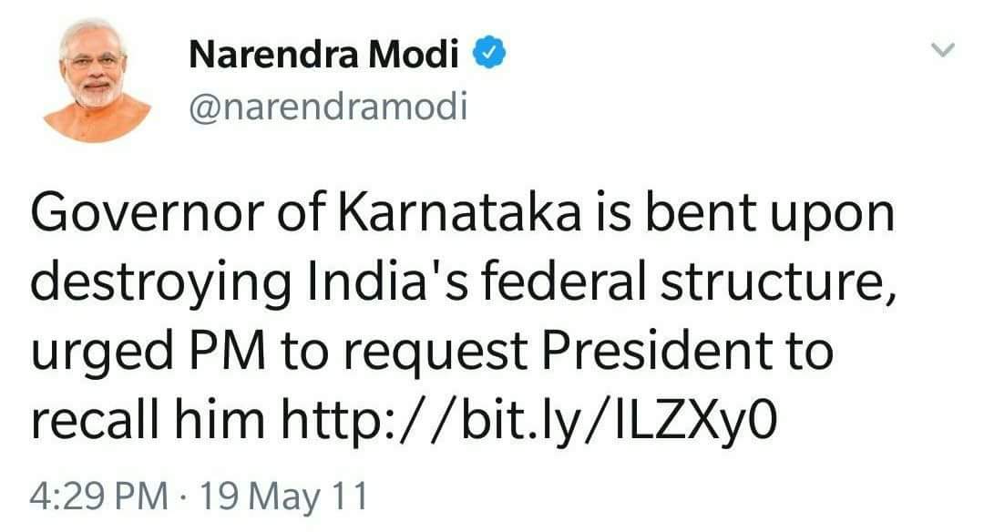 Congress4AP_'s tweet photo. Narendra Modi is so angry at the recent unlawful act by the Governor of Karnataka, that he tweets a complaint against him to the PM and the President of India.

How can the President let this remote controlled PM continue when Modi is against him? #BJPDoubleStandard https://t.co/grPmjUot4Q