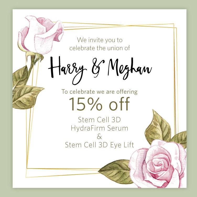 DermaQuestUK's tweet photo. To celebrate Harry & Meghan's Wedding this Saturday we are offering 15% off Stem Cell 3D Hydrafirm Serum & Stem Cell 3D Eye Lift! https://t.co/uURD70npdI
#stemcell3d #royal #congratulations #royalwedding #stemcell3d #stemcell #luxury #luxuryskincare #skin #skincare https://t.co/h9VgjweYnR