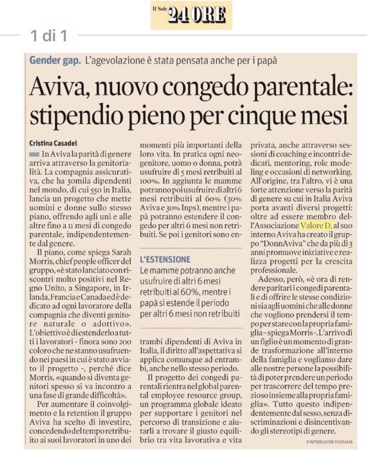 #genitorialita’ condivisa: le rivoluzioni culturali spesso iniziano dalle aziende. @AvivaIT istituisce il congedo di #paternità di 5 mesi retribuito. Compliment ! E ora tocca ai papà cogliere l’opportunità! <a href="/ValoreD/">Valore D</a> @samorima06 <a href="/Dalteriodiana/">Diana D'Alterio</a>