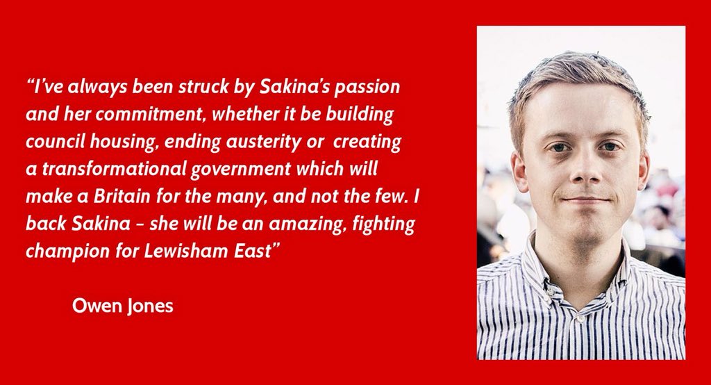 Labour needs more socialist MPs dedicated to ending austerity, building council housing, taxing the rich, abolition tuition fees and opposing war.

Join me in Lewisham tonight at 5pm and help make <a href="/SakinaZS/">Cllr Sakina Sheikh</a> Labour's next socialist MP for Lewisham East

>> facebook.com/events/3742500…