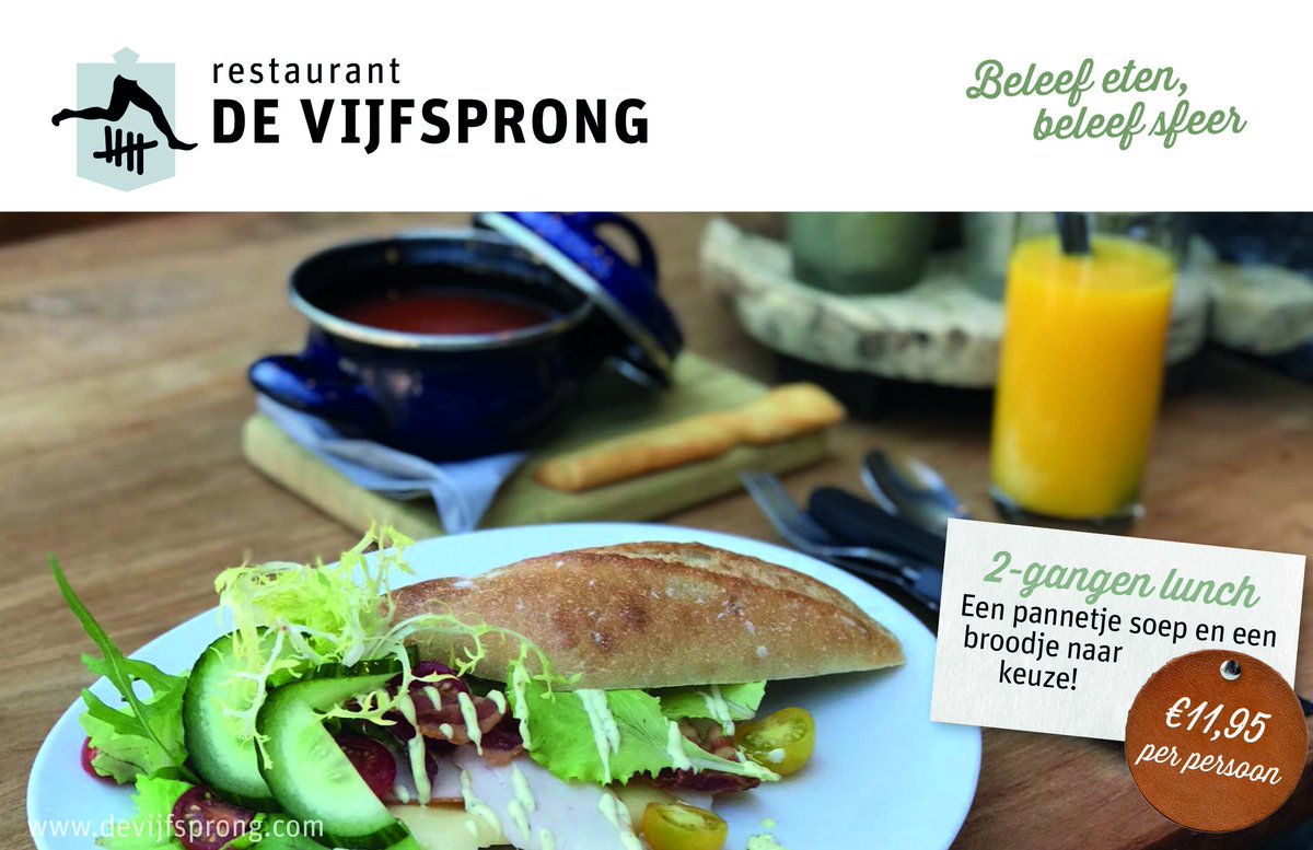NIEUW bij De Vijfsprong: 2-gangen-lunch! 
Een pannetje huisgemaakte soep met een broodje naar keuze van onze lunch kaart. Samen voor maar €11,95. 
Met wie moet jij binnenkort echt weer eens lunchen?