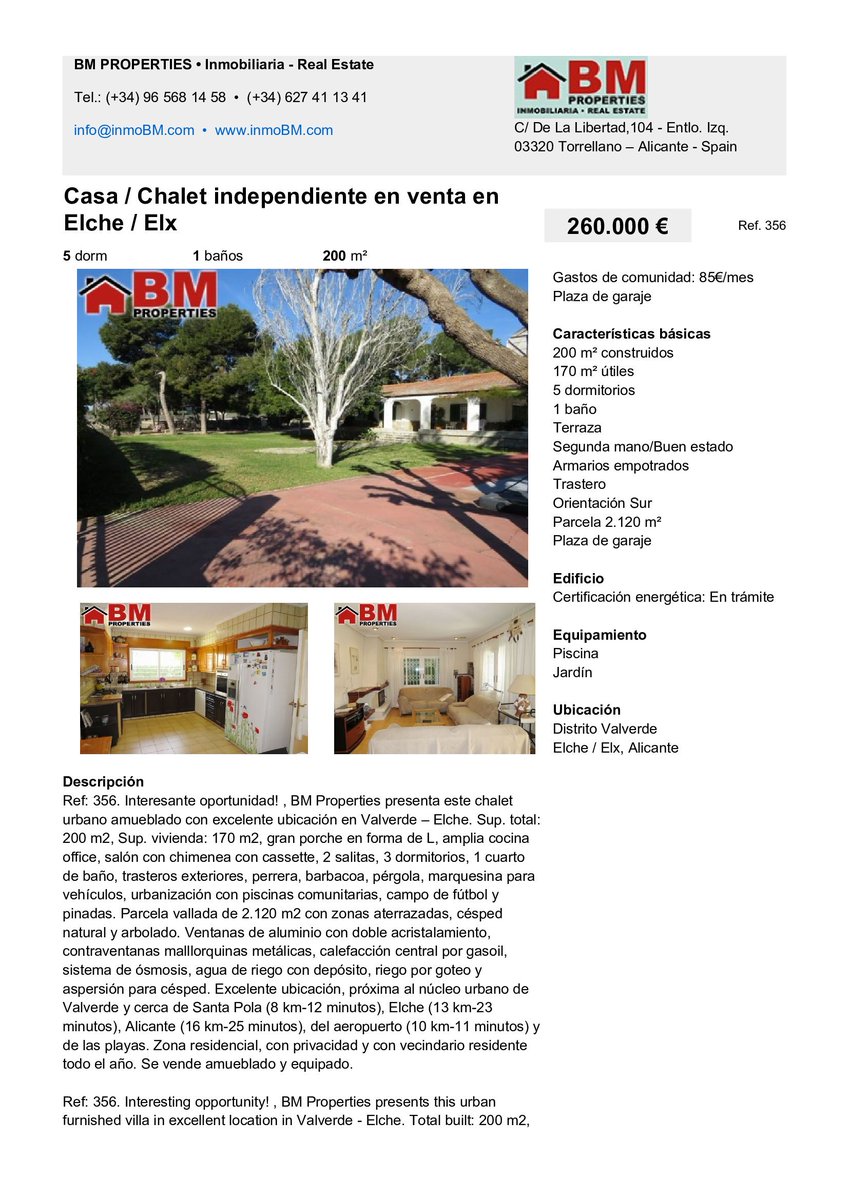 BM_PROPERTIES's tweet photo. REF.:356 VENTA • SALE: 260.000 €
Chalet urbano amueblado con excelente ubicación en #Valverde – #Elche
https://t.co/MPNlUxl9k1

#BMproperties #Spain #CostaBlanca #Alicante #Inmobiliaria #RealEstate #EstateAgency #ForSale #Mediterraneo #Mediterranean #MediterraneoEnVivo https://t.co/xp9dRyXgDO