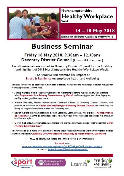 NORPOL_Wbeing's tweet photo. Just arrived at @DaventryDC for the @Nsport @Firstwellbeing seminar on the impact of stress and resilience of employee wellbeing. Looking forward to hearing from Northamptonshire Public Health, Learn2b &amp; more, plus hear about successful initiatives from other businesses #NHWW18 https://t.co/gFU1SW1Yhi