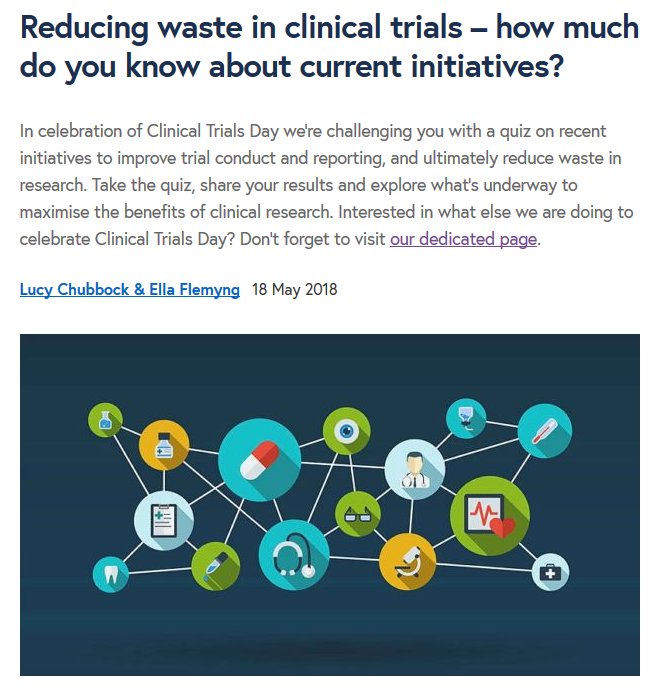 MedicalEvidence's tweet photo. In celebration of #ClinicalTrialsDay, @BioMedCentral is challenging you with a quiz on recent initiatives to improve trial conduct & reporting, & ultimately reduce waste in research - test yourself on how much you know! https://t.co/IapoX4V9sd #ICTD2018 https://t.co/fPOVXKzXWm