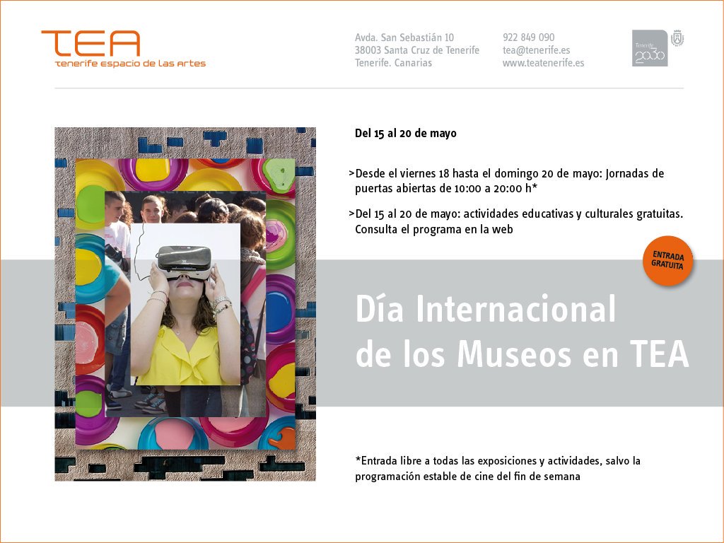 teatenerife's tweet photo. ¡Feliz Día Internacional de los Museos! 🎉  

Ven a #TeaTenerife y disfruta de manera gratuita de todas nuestras exposiciones y actividades ¡Jornadas de puertas abiertas desde hoy y hasta el domingo! 

Este es nuestro programa #DIM2018 👉 https://t.co/13nT35GfIv https://t.co/fwuteeAwuw