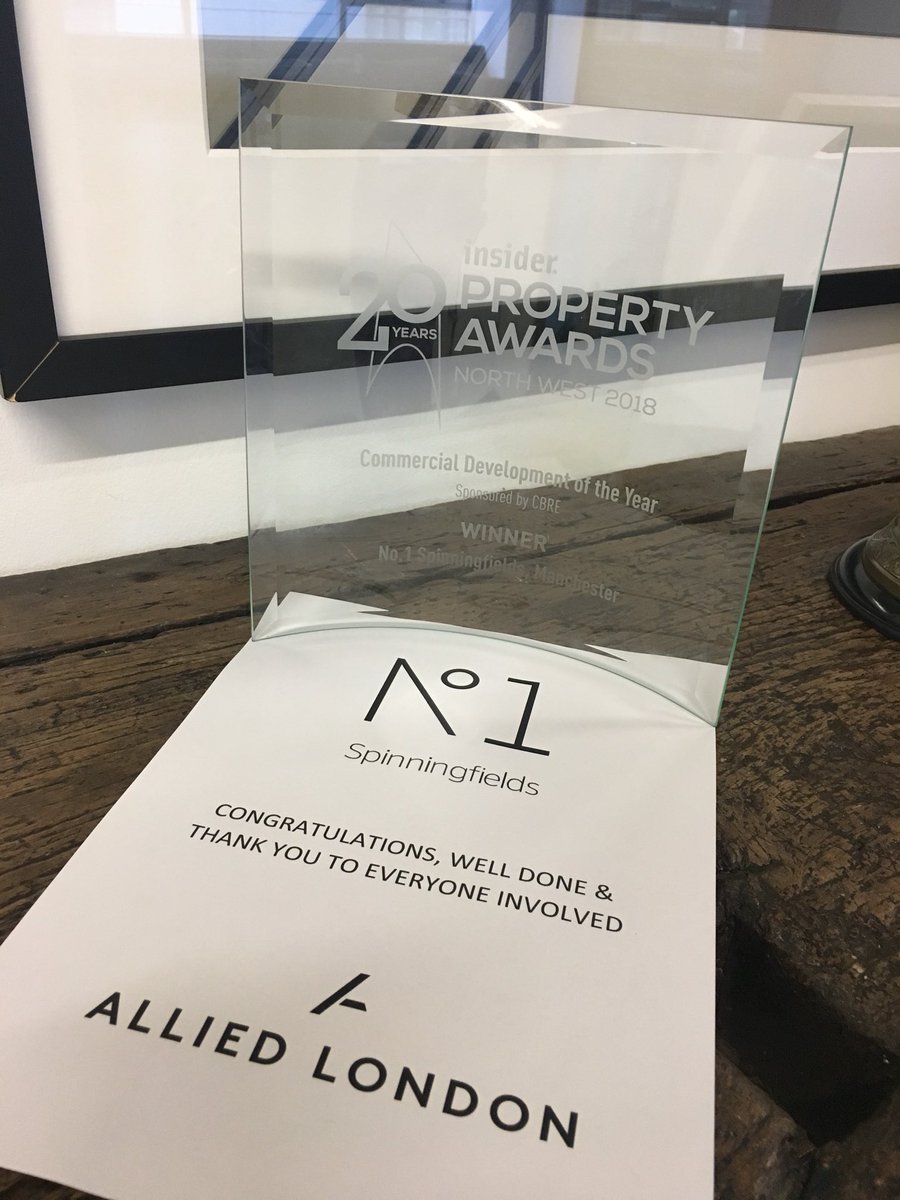 Spinningfields's tweet photo. Thrilled to have this beauty on display in the @AlliedLondon office this morning 🏆 Congrats to the @no1spinningfds team for winning ‘Commercial Development of the Year’ at @insidernwest #insiderNWProp awards https://t.co/8rn7ibxzoW