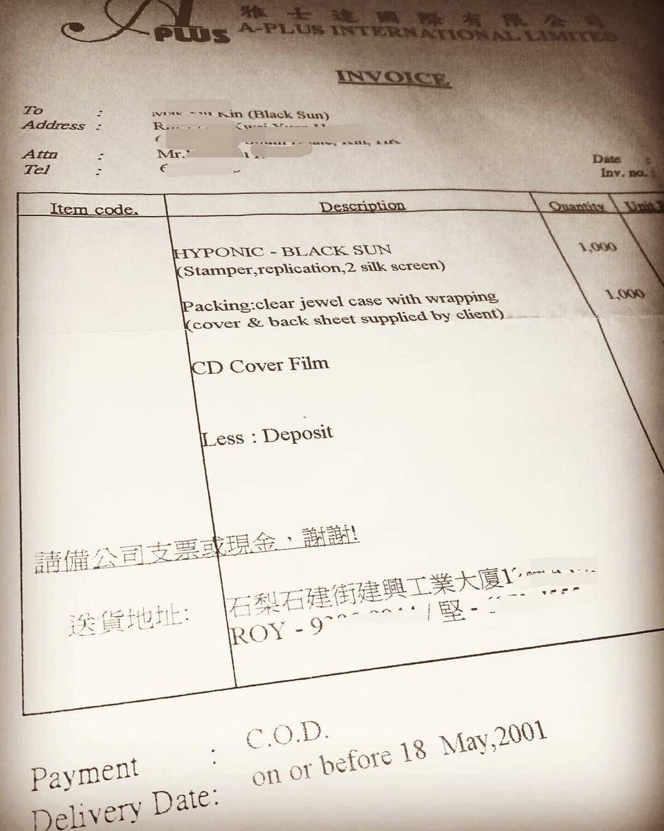 May 18 2001, MeiFun, the ex-bassist received the CDs and it was probably from that moment, Black Sun was officially released. 
When and from where did you get your copy? 
Hong Kong? 
Taiwan? 
China? 
Asia? 
America? 
or Europe?

**********
HYPONIC
a Band from Hong Kong