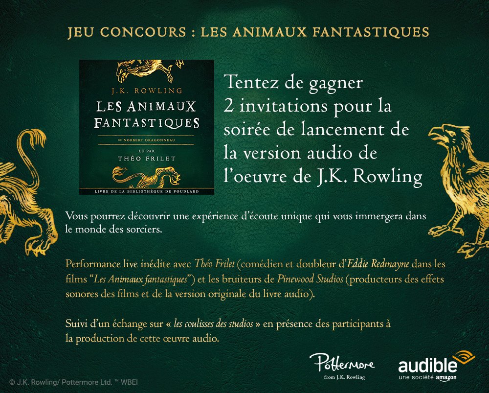 JournalDuGeek's tweet image. [ #CONCOURS ]
Tentez de remporter 2x2 invitations pour une soirée de lancement exceptionnelle afin d'écouter la version audio de @jk_rowling "Les Animaux Fantastiques : vie et habitat" à Paris 🎧
Pour participer : RT + Follow le @JournalDuGeek &amp;amp; @AudibleFr 🎟