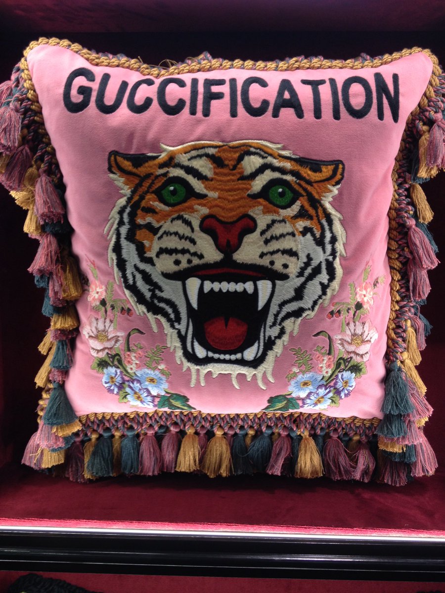TheLuxPod's tweet photo. #guccification cushions at #Harrods, second floor. #Gucci @gucci Cut out hand embroidery sewn to cushion. Interesting ideas of merging old with new design. Their brocade fabric is devine. https://t.co/tRk0Ov4ypA