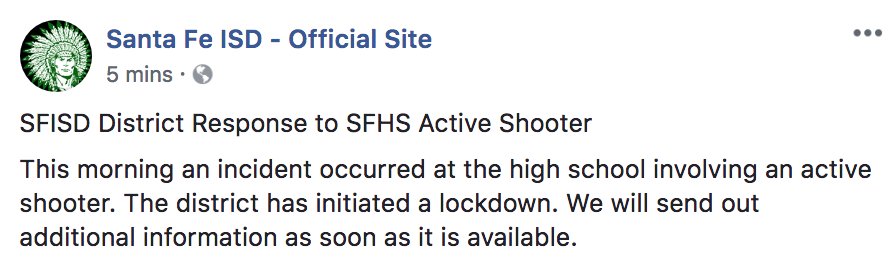 ABC's tweet image. DEVELOPING: School district on lockdown in Sante Fe, Texas due to incident at high school involving active shooter.