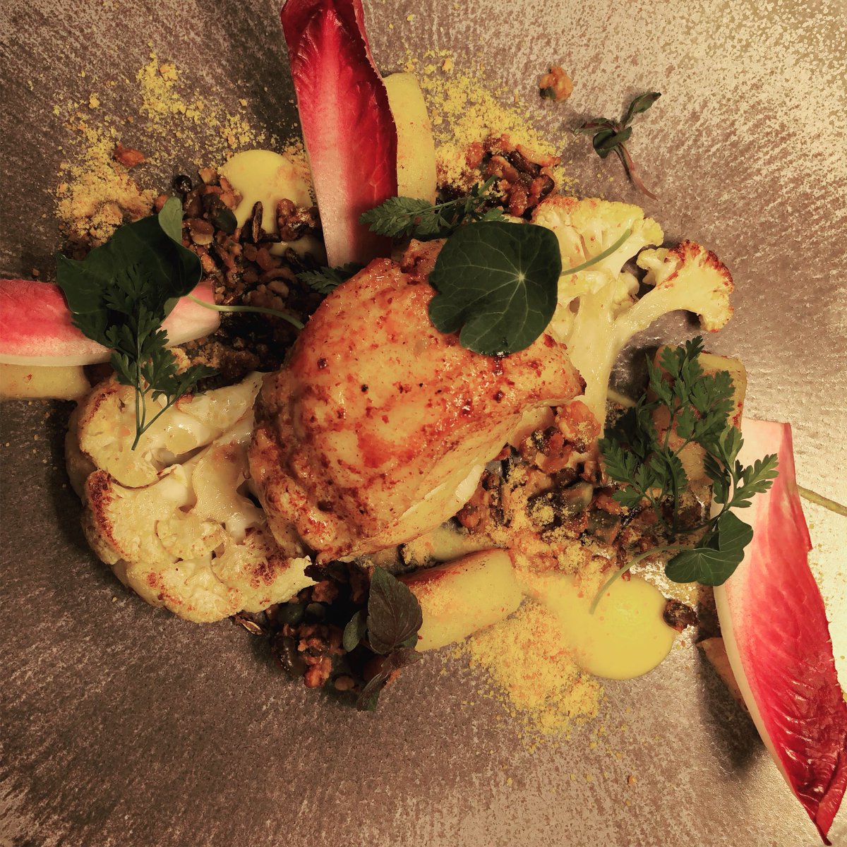 Food art. A glorious medley of colour and taste - Spiced Monkfish served with cumin gnocchi, cauliflower and raisins. #fishfriday #monkfish #foodart #cumin