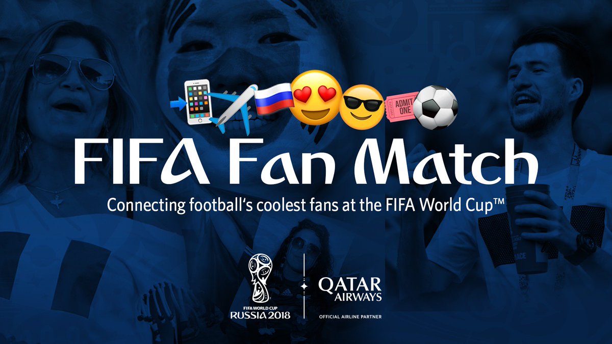 FIFAWorldCup's tweet image. Do you want to win an exclusive trip with @QatarAirways to the #WorldCup semi-final in St. Petersburg?
Just reply or tweet describing who you are with 5 emojis @FIFAWorldCup with #FIFAFanMatch &amp;amp; you could go to a match with football’s coolest fans!
T&amp;amp;C’s: fifa.to/e/xJ0GdlV6ZM