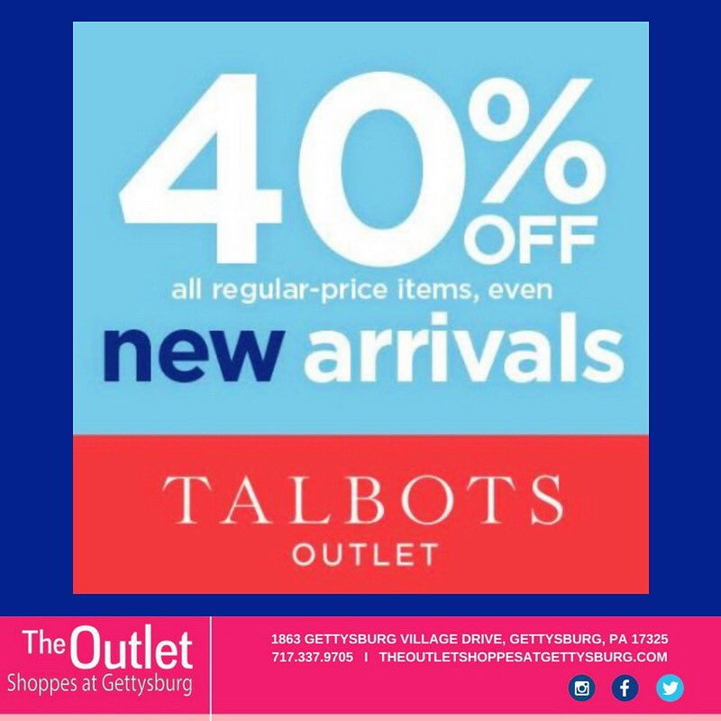 OutletGburg's tweet photo. 40% OFF looks good on everyone! #Shop the #TalbotsOutlet #Sale through Sunday! #gettysburgoutlets #talbotsoutlet #gettysburg #gettysburgpa #womens #shopping #shoppingday #shoppingtime #womensfashion #fashionlover  #summerfashion #accessories #fashion #fashionable #fashionista https://t.co/fIL2y9xcbj