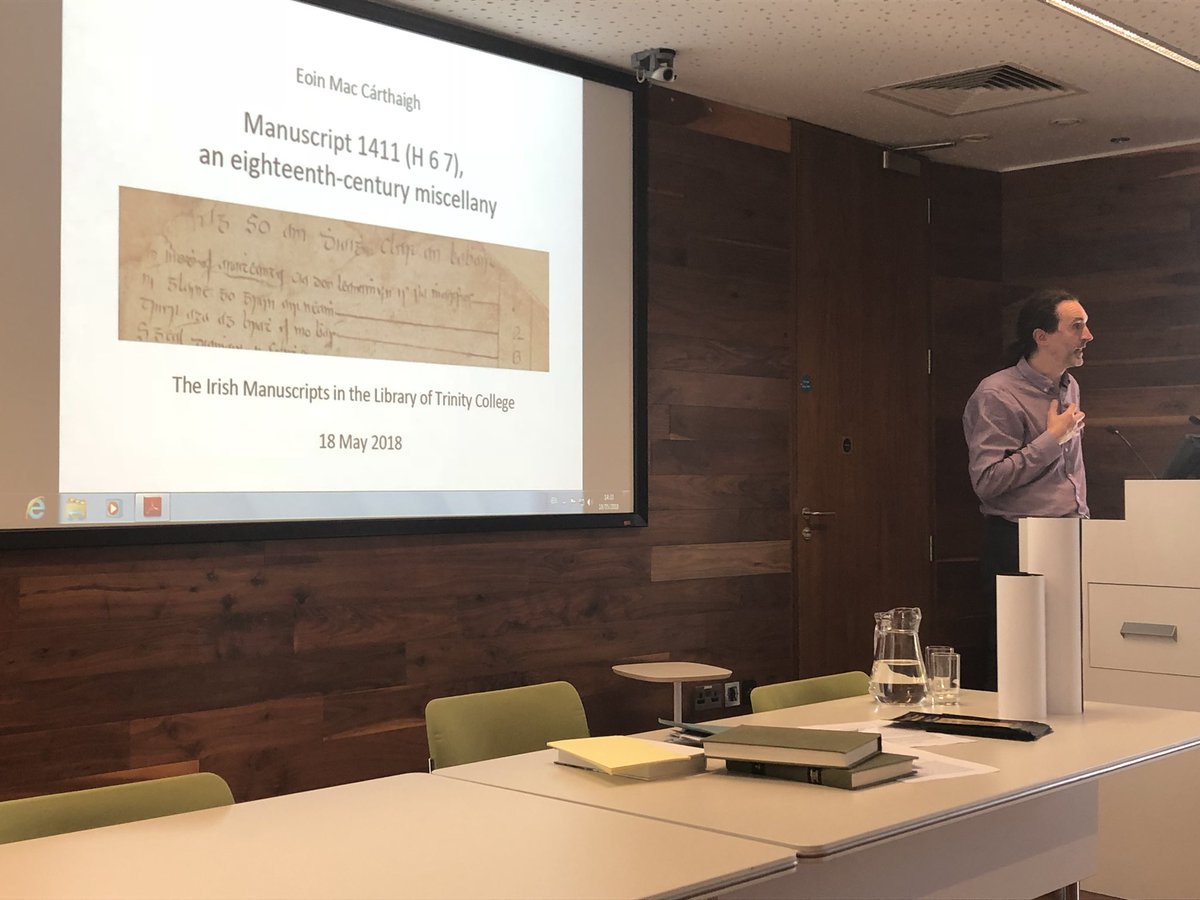 IrishMSSofTCD's tweet photo. ‘The only speaker whose handout matches his shirt’, Eoin MAC Cárthaigh speaking to us now about an untitled MS H 6.7 (1411). #irishmssoftcd https://t.co/UoB6lQHBu6