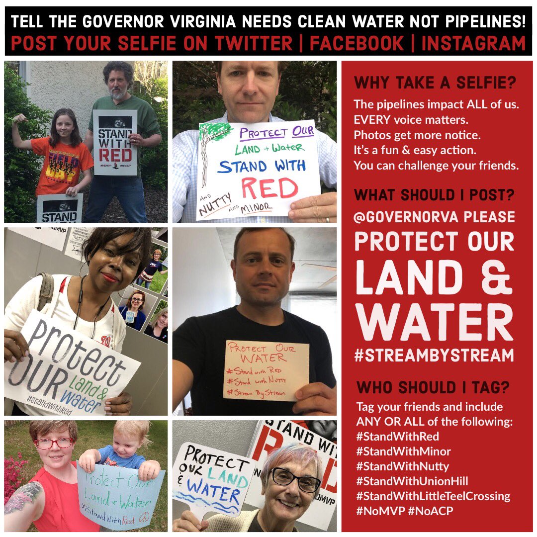 #Virginia it’s time to #StandUp & protect our land & water. Tell @GovernorVA that we expect him to keep his promise & start #StreamByStream analysis now! Make a sign🎨take a selfie📸tag #️⃣post💬 RETWEET others🐦🐦🐦#StandWithRed #StandWithUnionHill  #noMVP #NoACP #WaterIsLife