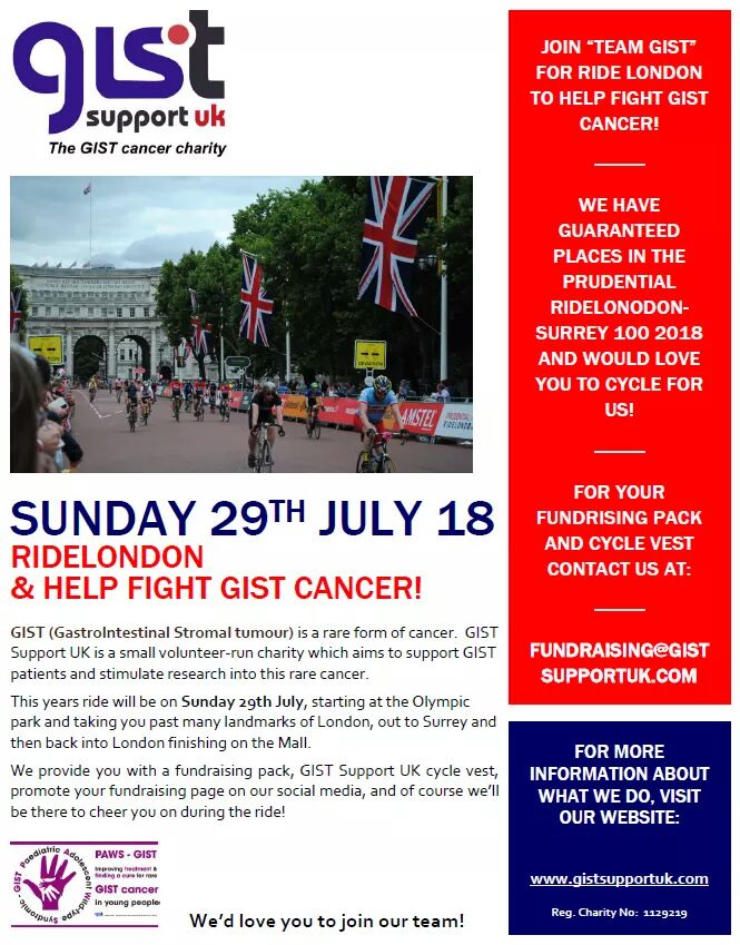 GISTCancerUK's tweet image. LAST CHANCE! Join @GISTSupportUK for this year's @RideLondon + raise funds for #GISTCancer #Research DM/email fundraising@gistsupportuk.com