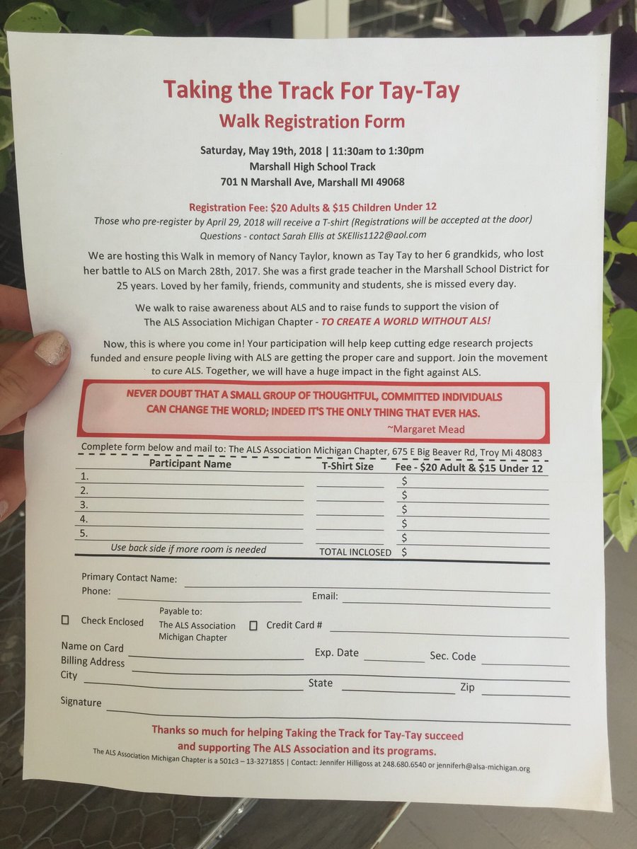 In honor of my grandma, Nancy Taylor, there will be a walk taking place this Saturday, on the track at Marshall High School. The walk is intended to raise awareness of ALS and ALS patients around us. My family and I️ would love to see you all there. Retweet to spread the word&lt;3