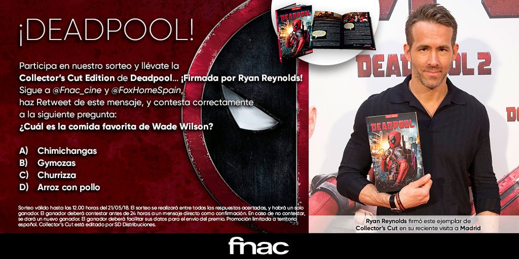 20thhomeentES's tweet photo. Los amigos de @Fnac_Cine te dan la oportunidad de conseguir un regalazo ÚNICO: ¡¡esta edición #CollectorsCut de #DEADPOOL firmada por el propio Ryan Reynolds!! 👉🏽 https://t.co/XRfdGoqm46 ¡Animaos a participar y mucha suerte! #SorteoDeadpool https://t.co/jWQDSqsher