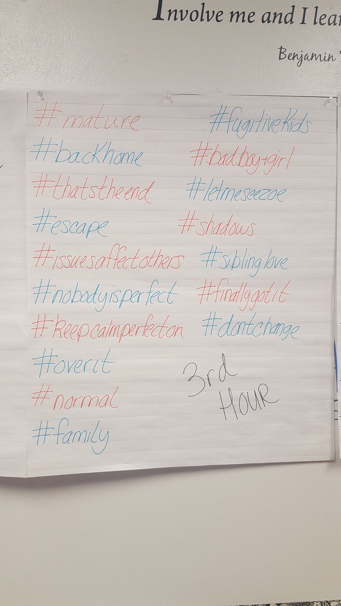 reevesclass's tweet photo. Students enjoyed writing hashtags each week. Their hashtags had to do with that section of the novel we were reading. #djhswill #perfectescape https://t.co/37bjRCVvRJ