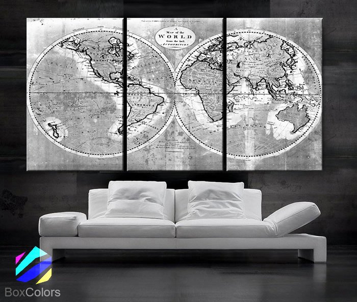 BoxColors3's tweet photo. LARGE 30"x 60" 3 Panels Art Canvas Print world Map Old Vintage Rustic Black White Gray Wall decor Home interior (Included framed 1.5" depth) https://t.co/hrdAI8YTca #Citycanvas #Etsy #Mapcanvas #BoxColors #Artcanvas #WorldMapWatercolor https://t.co/PezIp4wYpK