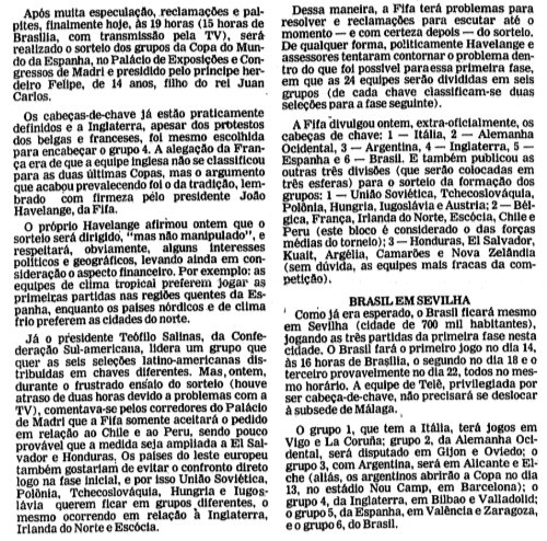 Declaração de Platini admitindo ter colocado propositalmente França e Brasil separados até a final de 1998 não é uma surpresa tão grande quanto possa parecer. Em outras Copas também dirigiram os cabeças-de-chave por conveniência. Aqui a matéria da <a href="/folha/">Folha de S.Paulo</a> no dia do sorteio de 1982