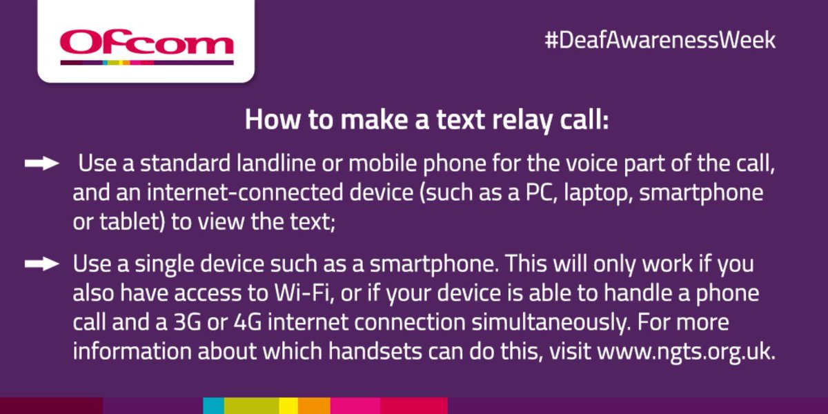 Ofcom's tweet photo. Did you know? Fixed and mobile telecoms companies must provide customers who have hearing or speech impairments with access to an approved 'next generation' text service (NGTS). Find out more about #textrelay: https://t.co/Z7XDcDaOo5 #DeafAwarenessWeek https://t.co/DZsWa0fgQz