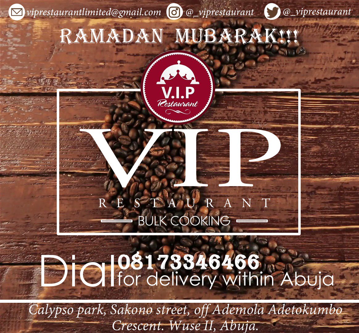 _viprestaurant's tweet photo. Dine with VIP this Ramadhan.
VIP Restaurant is now open for Delivery, Bulk Cooking and Eat in   Abuja!!! 
Call us on: +2348173346466
Delivery to your door-step, with a touch of home. 

We are Healthy, we are Fresh, we are VIP!!!

#Ramadan2018
#Abuja
#Iftar
#wuseII
#Food https://t.co/H4sOaZitoo
