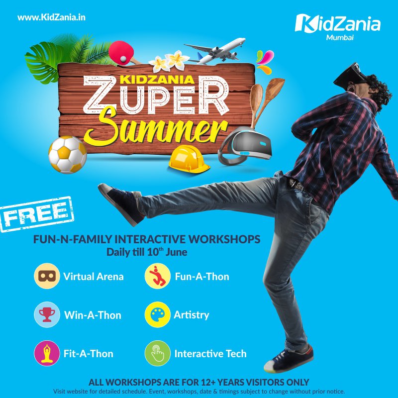 KidZaniaIndia's tweet photo. KidZania #ZuperSummer 'Family' Vacation time is here! Visit us to enjoy fun-n-family workshops and games for Free. Special activities like #VirtualRealityArena #Caricature #Zumba #Hopscotch and much more! Know more: https://t.co/QPRDZFp9Rp T&Cs apply https://t.co/LFUSmWuugM