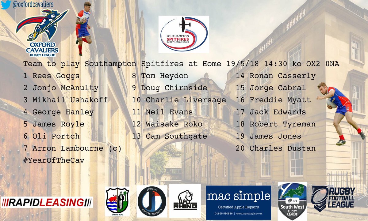 Read all about tomorrow’s team selection for tomorrow’s game v <a href="/SpitfiresRL/">Spitfires RL</a>   facebook.com/OxfordCavalier… #YearOfTheCav #Rugby #RugbyLeague #Cav #Oxford #GameDay