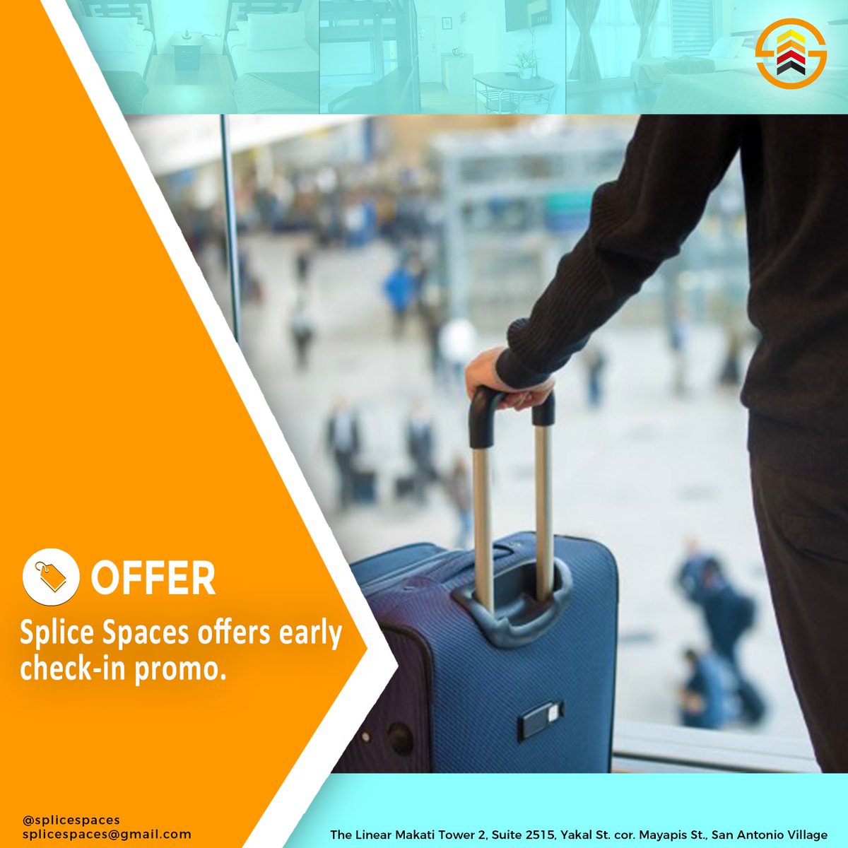splicespaces's tweet photo. Arriving from an early flight? 
Worry no more! At Splice Spaces, you can now check-in as early as 9:00 am.

Book now!
Standard Room: PHP1,799/Night [2persons]

PH: +63 (2) 275 5627
Mobile: +63 929 076 1859
US: +1 (818) 963-5626
splicespaces@gmail.com

#SpliceSpaces #MakatiCity https://t.co/MkIohZ289w