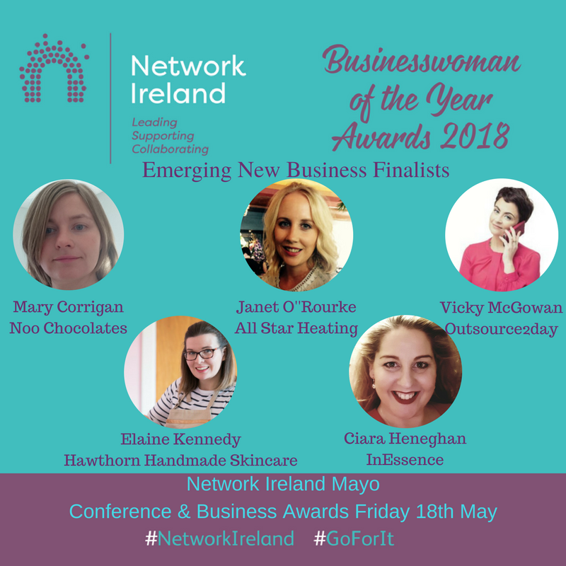 networkmayo's tweet photo. Best of luck to the finalists in our Emerging New Business Category

Mary Corrigan –  @noo_chocolate 
Janet O’Rourke -  @_allstarheating
vicki mcgowan  @outsourceIrl
Elaine Kennedy  - @hellohawthorn

#OurMilestones https://t.co/jsmm3xdox6