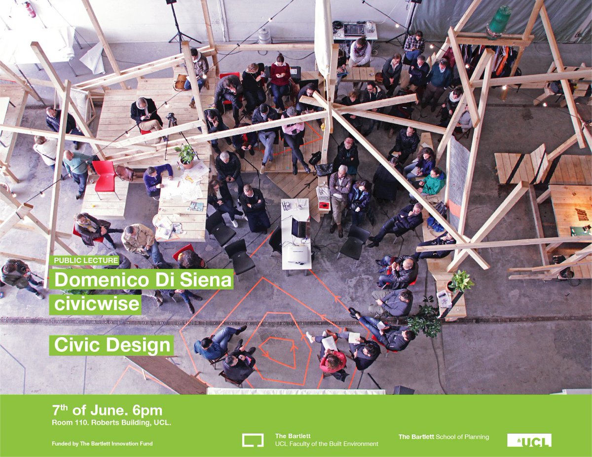 civicwise's tweet photo. @urbanohumano will be giving a public lecture at @BartlettUCL @UCL_BSP about Civic Design and the Civic Innovation School @civicwise @civicwiseLONDON @InnovacioCivica. It will be on the 7th of June at 6pm. RVSP here: https://t.co/IAiG6idYlk https://t.co/QwUSW3UgWT