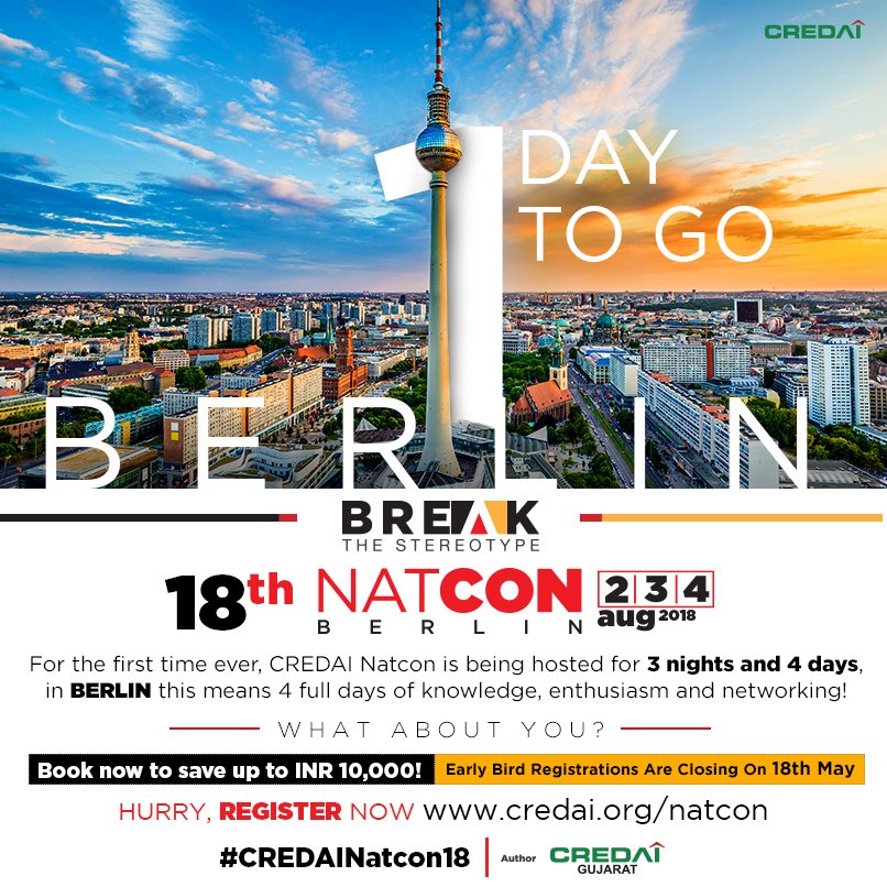 CREDAINational's tweet photo. SEIZE THE DAY!
It’s still not late to miss out on this exciting offer to be a part of the magnificent #CREDAINatcon18 in Berlin.

To avail the Early Bird Discount of INR 10,000, register now on -  https://t.co/huVFcced38 

Only one day left for early bird registrations!! https://t.co/g5rqrtzwlW