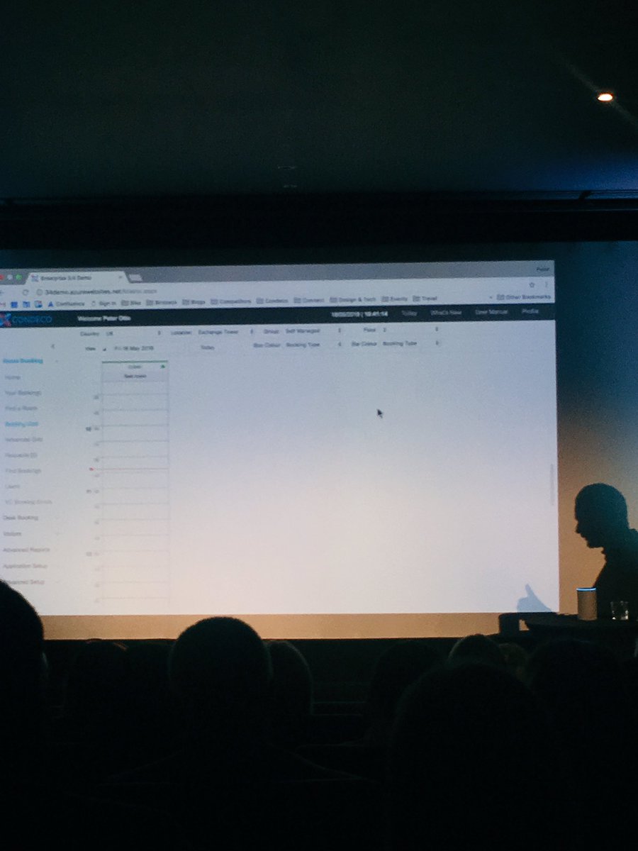 SunitaUK's tweet photo. @ottobiography giving the audience a flavour of how we play and test technology @CondecoUK Book a room through Alexa #workplaceTech18 #AI https://t.co/5ufAWnKmOL