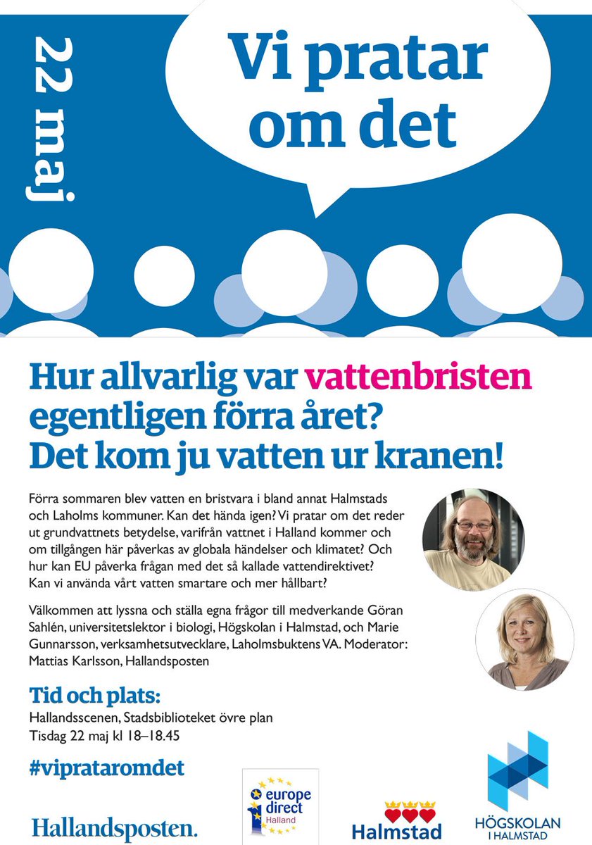 HogskolanHstd's tweet photo. Vattenbrist är temat för #viprataromdet på tisdag 22/5 kl 18. Kom till Stadsbiblioteket @bibliotekenihalmstad, forskaren Göran Sahlén och Laholmsbuktens VA:s Marie Gunnarsson är där! https://t.co/HbYdUhf8OH