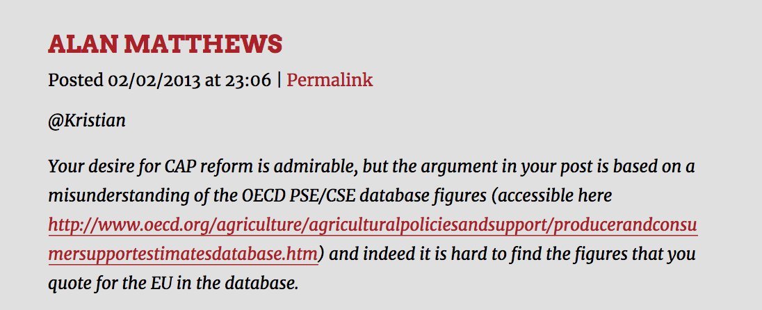 22/36It's not clear from the text where the values come from but thankfully some comments below the article clear this up.The Alan Matthews posting this comment is  @xAlan_Matthews, Emeritus Professor Emeritus of European Agricultural Policy at Trinity College Dublin.