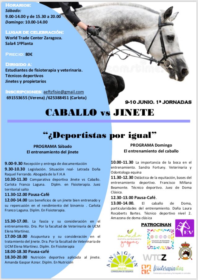 ¿ te gustan los caballos? ¿Te gustaría mejorar físicamente como jinete o amazona?
Entonces te interesarán nuestras primeras jornadas de CABALLO 🐴 VS JINETE 🏇🏼que se organizan en ZGZ el 9 y 10 de junio. 
¿Te lo vas a perder?
Ponte en contacto en el correo aeftz fisio@gmail.com