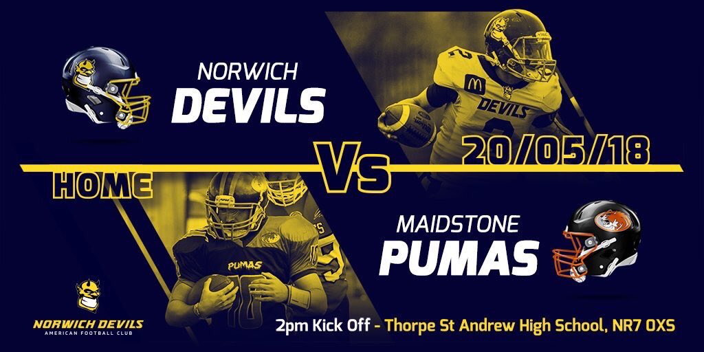 NorwichDevils's tweet photo. Finally it’s Friday. British league American Football returns to Norfolk this weekend. Sunday, Devils field. Kick off 2pm. @edpsport #Devilson3 https://t.co/oZDshKcCTx