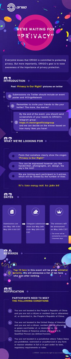 Hello everyone! Here comes our new bounty event - Post "Privacy is Our Right" pictures on twitter, then you will have opportunity to be given whitelist priority. Check poster or join in the telegram group - t.me/origoofficialg… for details. #blockchain# #technology# #privacy#