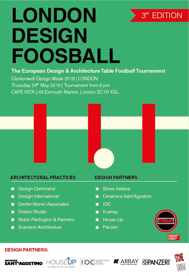 TOWANTevents's tweet photo. @DesignCommand |@Designinternat1 |@DexterMoren | @draiscistudio | Robin Partington & Partners | @ScenarioArch are the competing practices for the 3rd Edition of #LondonDesignFoosball 2018 | Tue 24 May at @WhatsOnCafeKick #london #event #towant https://t.co/hRnSxNs07N