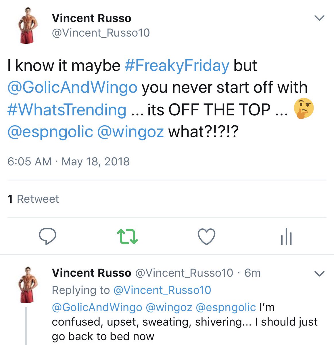 Vincent_Russo10's tweet photo. @GolicAndWingo #GolfwithGWcontest because 2day, Friday, the best day of the week was thrown in2 a downward spiral due 2 starting off the show the wrong way, I feel u guys owe me some 🍺 while we 🏌️on ur retreat. 5 min into ur show I called it out see image https://t.co/AXUb4l2dL7
