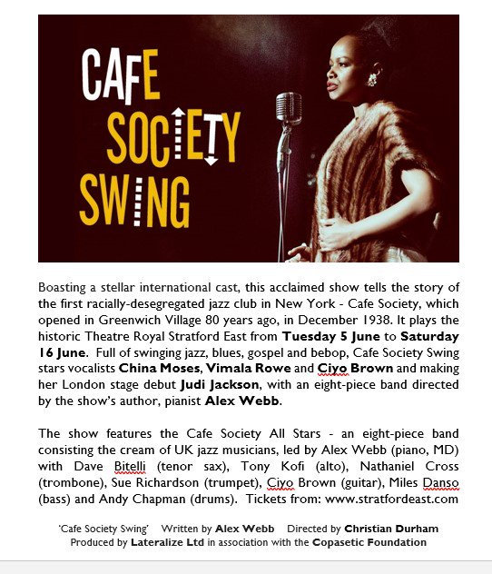 ‘One of the best club dates we ever played’ – Count Basie on Cafe Society.  'Cafe Society Swing' now booking <a href="/stratfordeast/">Stratford East</a> for June 5-16.
