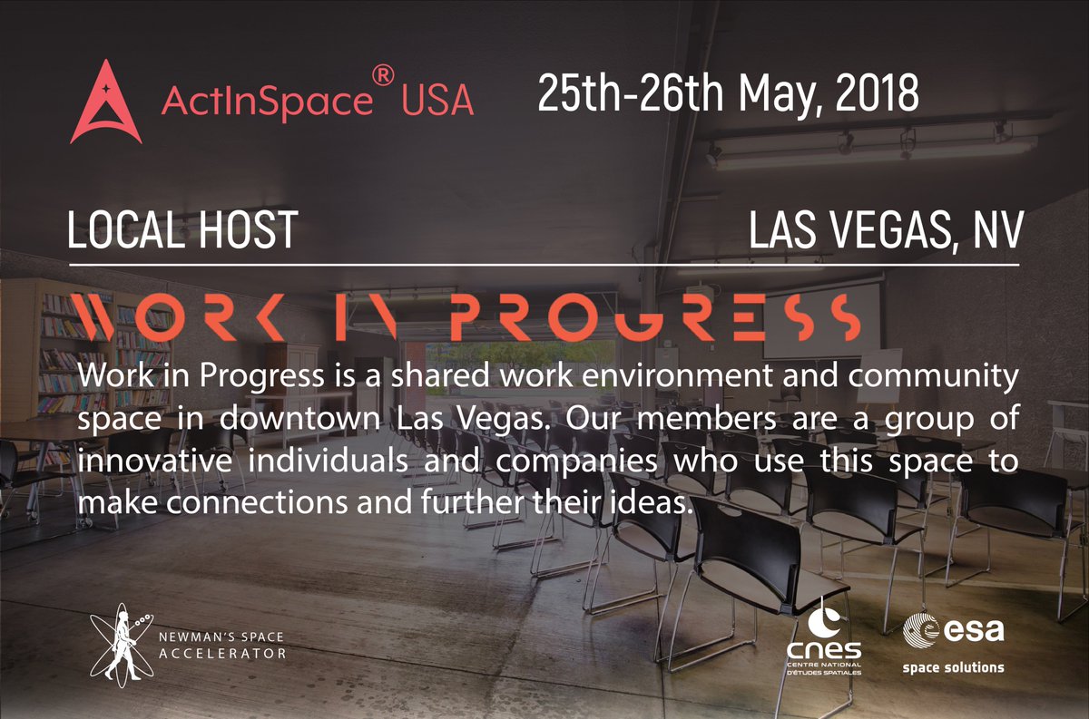 We're proud to announce that <a href="/WorkInProgress/">Work in Progress</a> will be hosting the #ActInSpace #Hackathon in Las Vegas! Get ready, we're less than a week away! 🛰️ actinspace.org/register