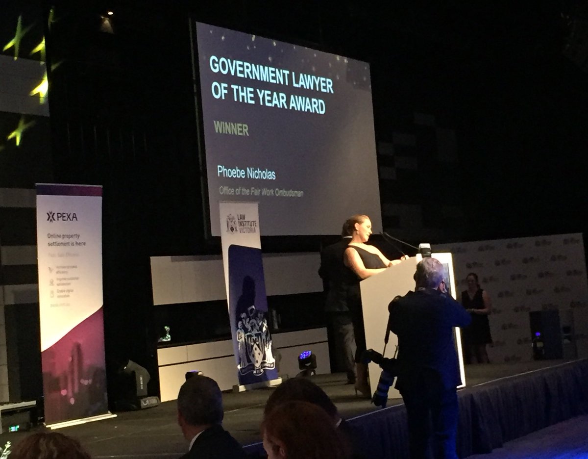 Congratulations to our fellow #govtlawyer Phoebe Nicholls of <a href="/fairwork_gov_au/">Fair Work Ombudsman</a> for being awarded #govtlawyer at #LIVevents Legal Awards