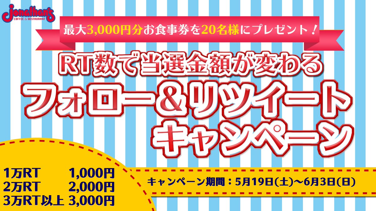 ジョナサン 公式 Rt数によって当選金額変わる 抽選で名様に最大3 000円分が当たるチャンス 応募方法 Jona Official をフォロー この投稿をリツイート 〆切は6 3