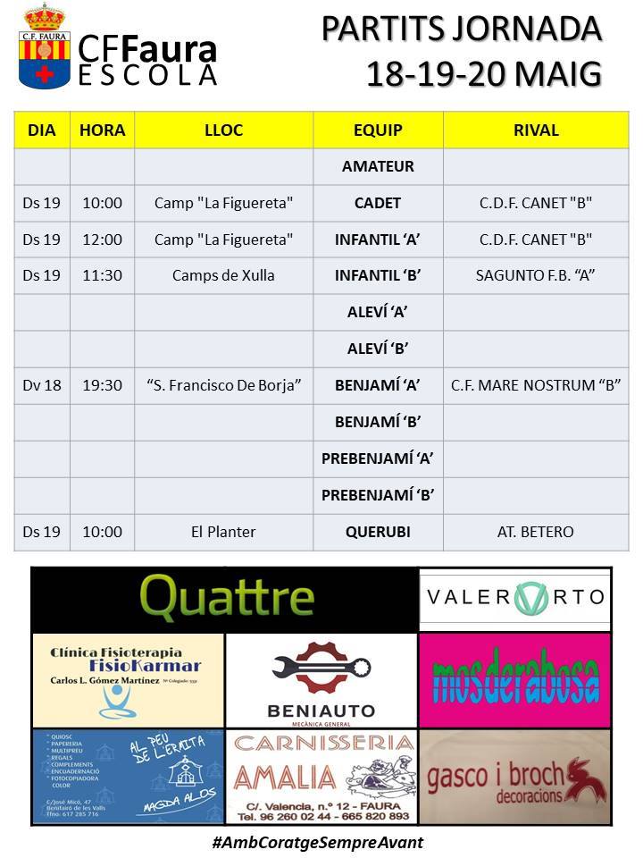 AjtFaura's tweet photo. ⚽ Partits del @faura_cf per a este cap de setmana.
#AmbCoratgeSempreAvant #123Faura https://t.co/Z9GU34lrwz