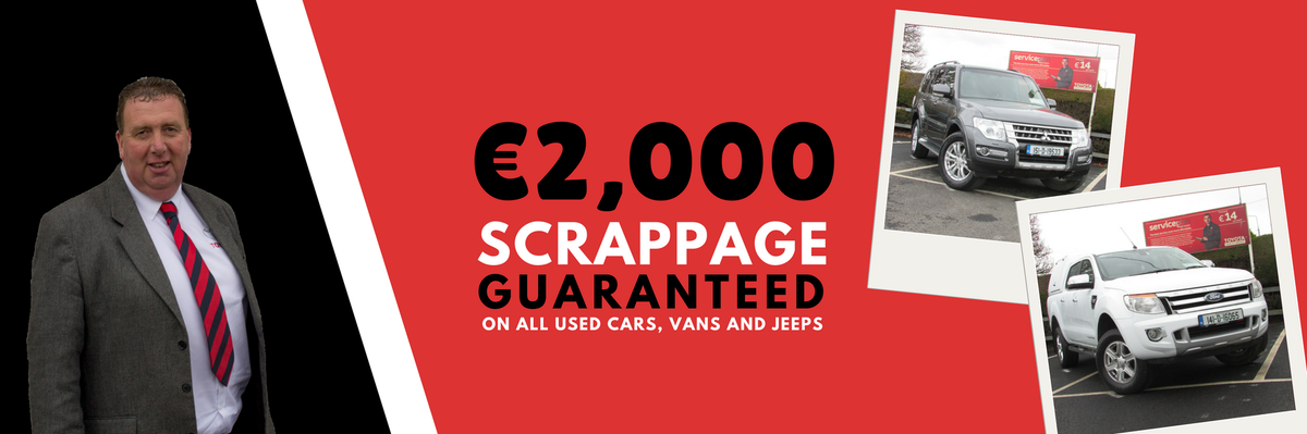 Worried your car isn't worth much in terms of a trade in?

The good news is we're giving €2,000 guaranteed scrappage on ALL used cars, vans and jeeps! bit.ly/2wpy3t6