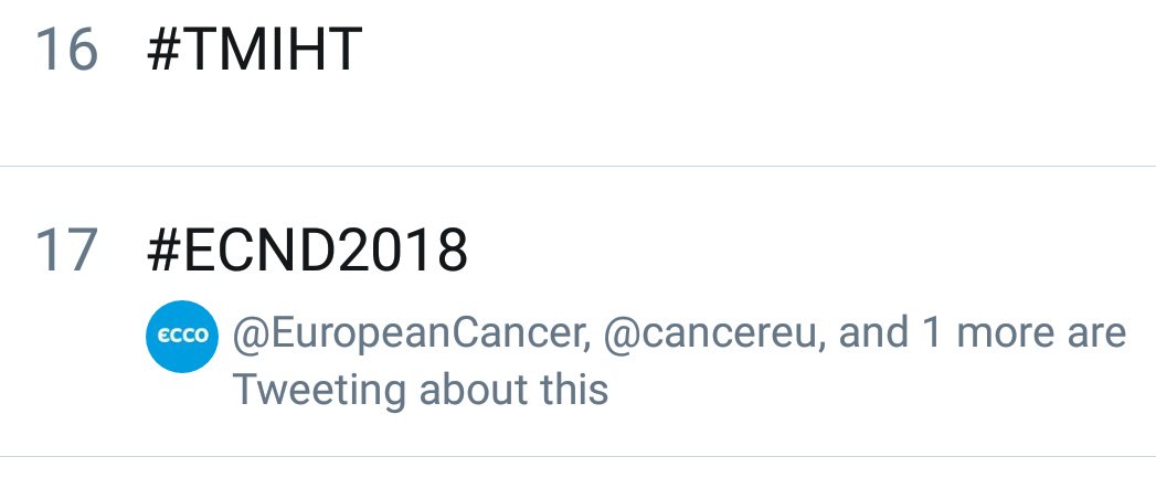 #ECND2018 In The Top Trends. Let's make this viral! @sharp_lena @cancernurseEU @Jdmunter1 @SaraTParreira @UKONSboard @buyurdelli @helitropen @AndreasC466 @EuropeanCancer @esno_web @CancerLeagues @myESMO @EU_Health @cancercode @MAC_MEPs @cnp_tweet @macmillancancer @Cancer_Nursing