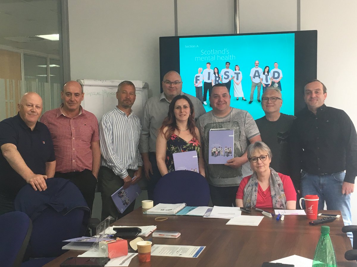UniteScotland's tweet photo. Great to see Unite members @ScotRail undergoing #mentalhealth #firstaid training on how to manage and support colleagues. 34% of millennials are less productive due to workplace stress. Think about taking a course: https://t.co/00lB2KChR1 https://t.co/OC6KEDSpi5
