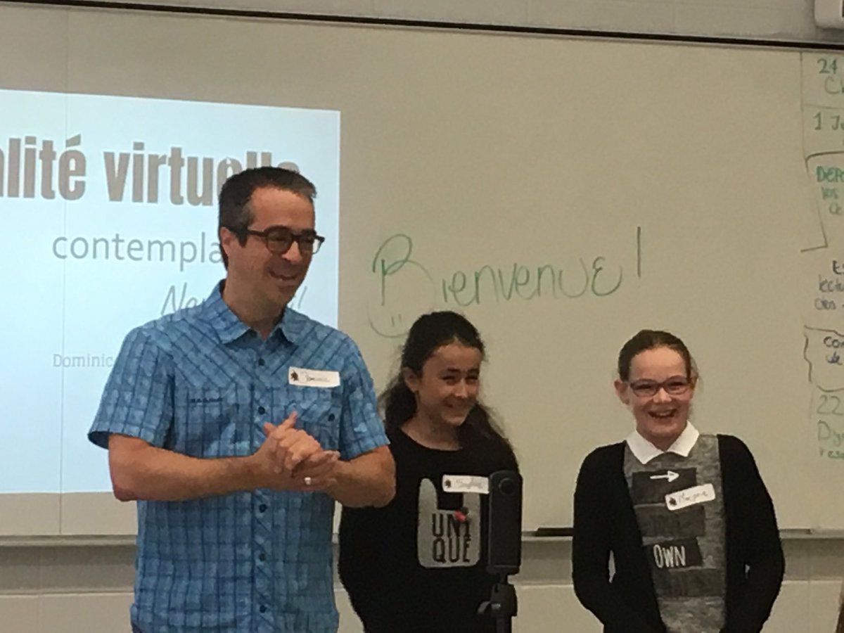 CarlParent13's tweet image. @classedominic, accompagné de Marjorie et Sophie, nous présente un projet de réalité virtuelle! #EdcampQuebec